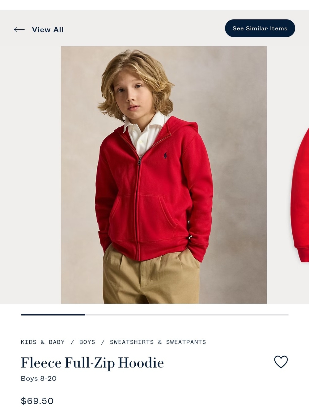 Polo by Ralph Lauren Boys' Red Zip-Up Fleece Hoodie- LG 14-16